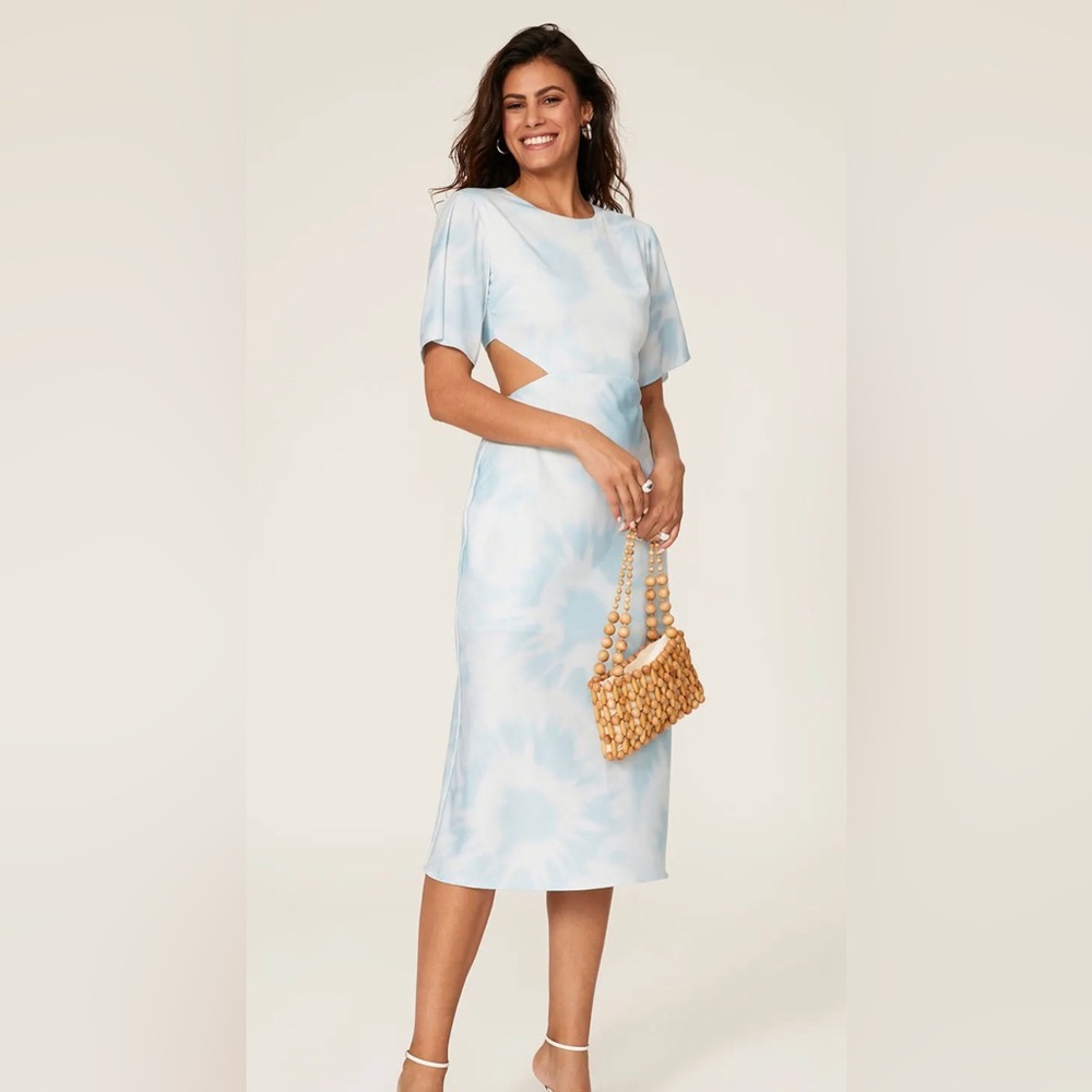 Third Form T-Shirt Dress Midi Blue & White Tie Dye Clouds Sky Print Cut Outs 8 R